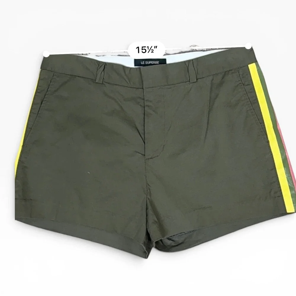 Le Superbe Racing Stripe Shorts Women 6 Olive Green Multi Color Side Tape Cotton